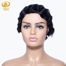 SSH Finger Wave Wig Short Non-Remy Human Hair Natural Color for Black Women