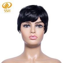 SSH Short Human Hair Wigs With Bangs Jet Black Color For Brown Girl/Women Non Remy Human Hair