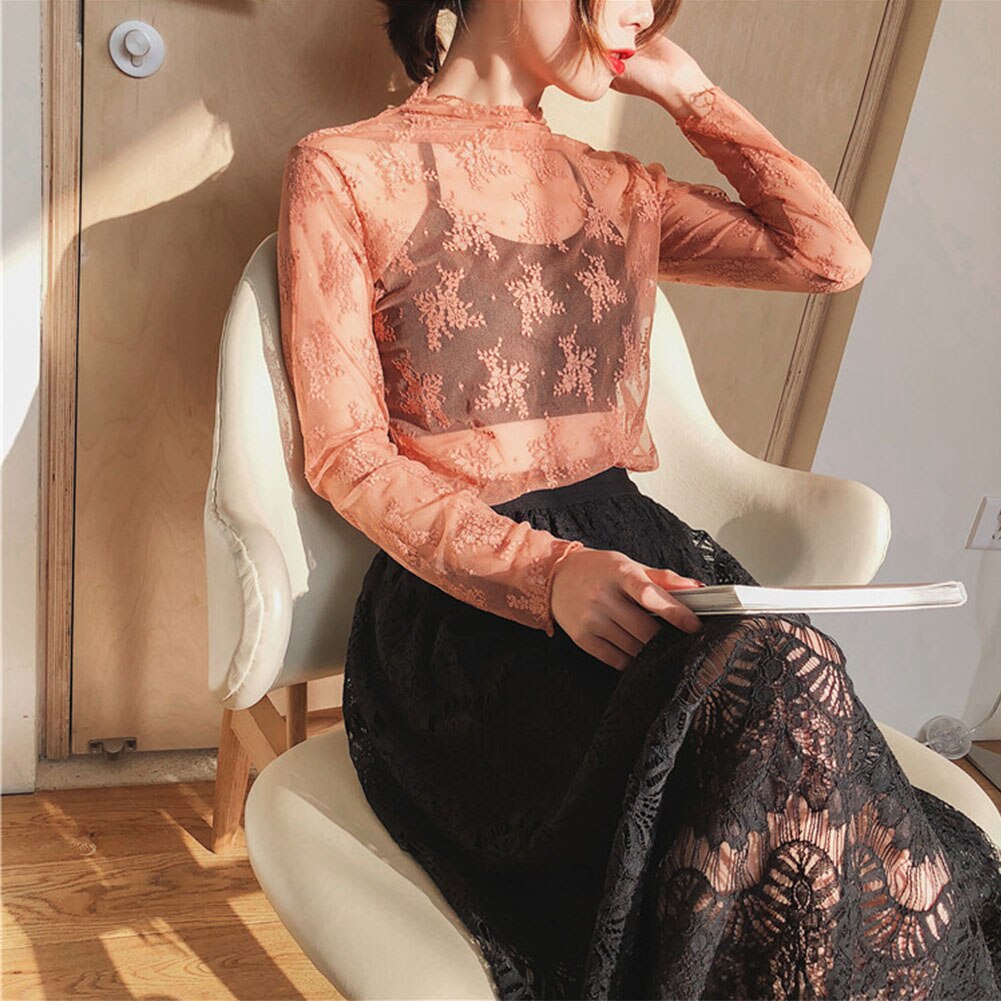 Sexy Floral Soft Long Sleeve See Through Ladies Embroidery Women Blouse Summer Thin Tops Fashion Lace Mesh Stand Collar