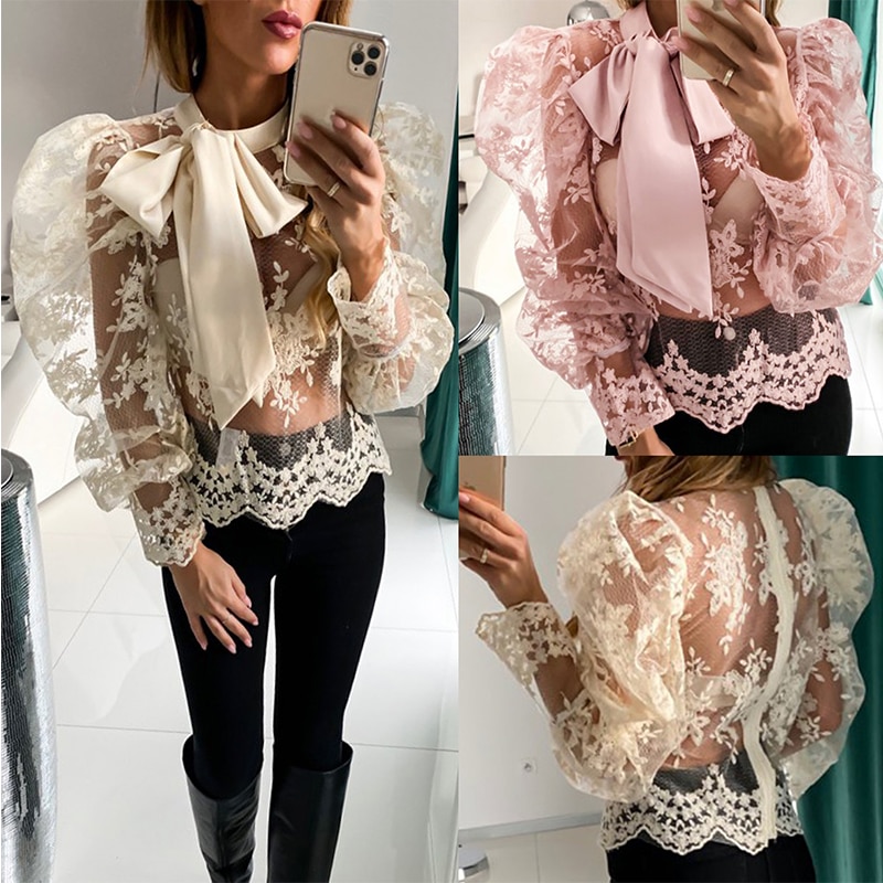 Sexy Lace Mesh See Through Bow Bandage Puff Sleeve Women Blouse Sexy Tops and Shirt Long Sleeve Women Shirt