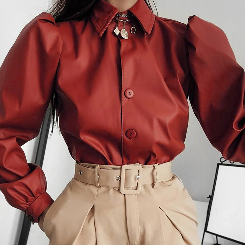Shopping Women Blouse Tops PU Leather Solid Button Front Matte Loose Puff Sleeve Casual Fashion Party Lapel Neck Autumn Winter