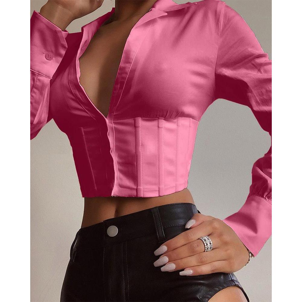 Solid Corset Slim Crop Tops Women Shirts Long Sleeve Turn-Down Collar Casual Short Blouses
