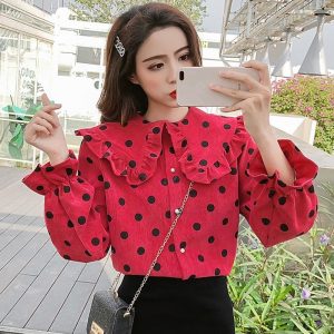 Spring Shirt Polka Dot Korean-style Elegant Ladies Sweet Preppy Style Long Sleeve Loose Shirt Plus Size Tops q