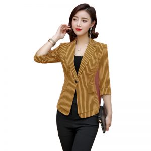 Spring Summer Fashion Casual Ladies Blazers and Jackets Half Sleeve Dark Grey Striped Female Elegant Formal Office Tops and Coat