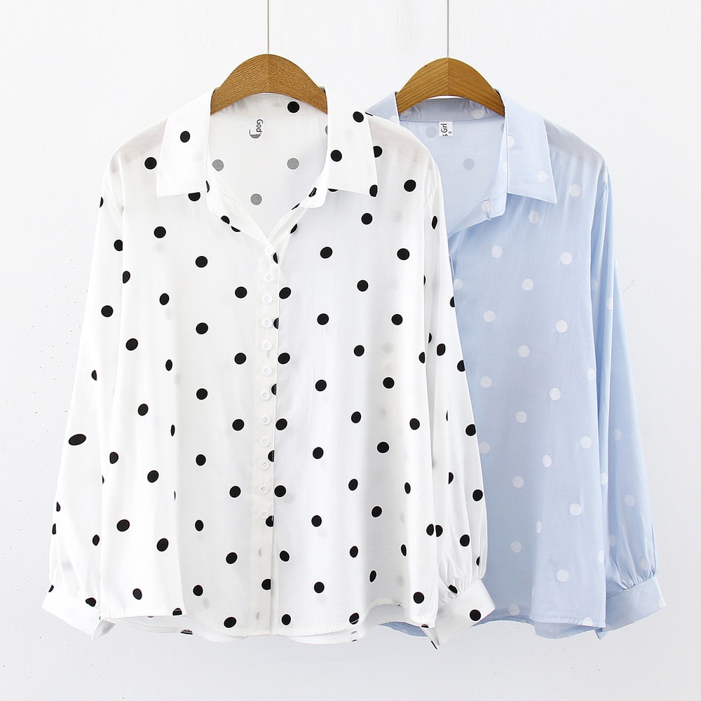 Spring Women Blouses Polka Dot Turn-down Collar White Shirt Casual Femme Button Down Shirts OL Style Women's Blouse and Shirt