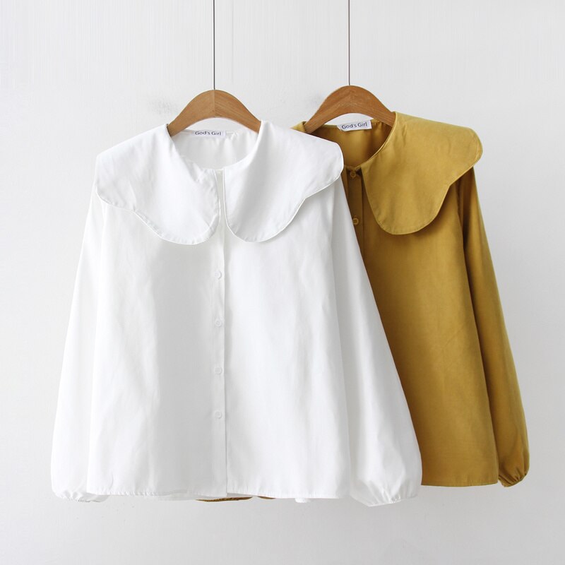 Spring Women's Blouse Casual White Shirt Peter Pan Collar Button Down Shirts Office Ladies Tops Simple Design Feminina Clothes