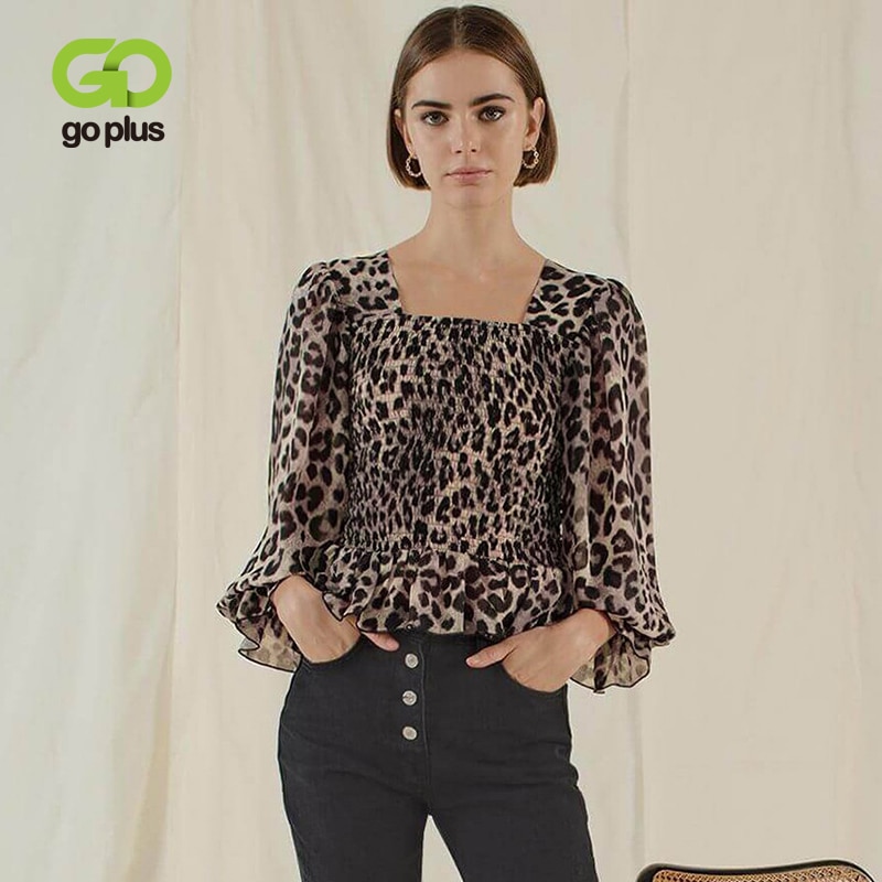 Spring Women's Blouse Shirt Vintage Leopard Square Collar Puff Sleeve Blouse Women Tops and Blouses Clothing Ropa Mujer