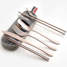 Stainless Steel Dinnerware Set Spoon Fork Chopsticks Straw Metal  With Cloth Pack Cutlery For Travel Outdoor Office Picnic BBQ