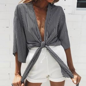 Stripe Flare Sleeve Tops Women Sexy Deep-V Drawstring Cotton Shirt Sale Size S-XL Top