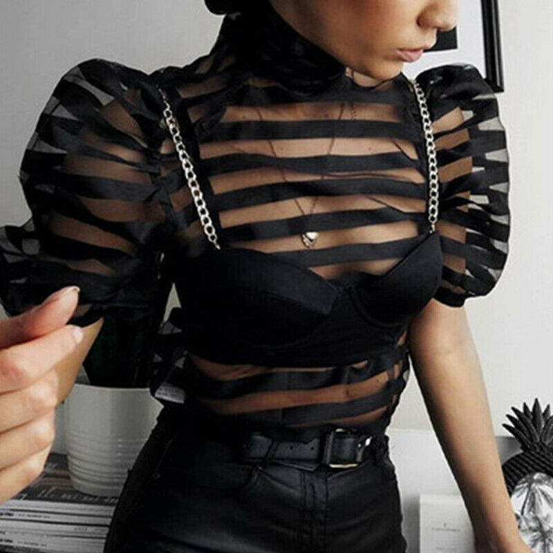 Striped Sheer Back Bow Short Sleeve Blouse  Women Summer Fashion Party Club Evening Streetwear Top Shirt
