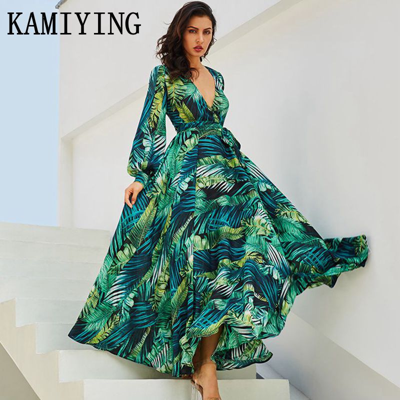 Summer Long Sleeve green leaf print Dress Boho Beach Maxi Dress Casual V Neck Belt Lace Up Tunic Draped Plus Size Dress Vestidos
