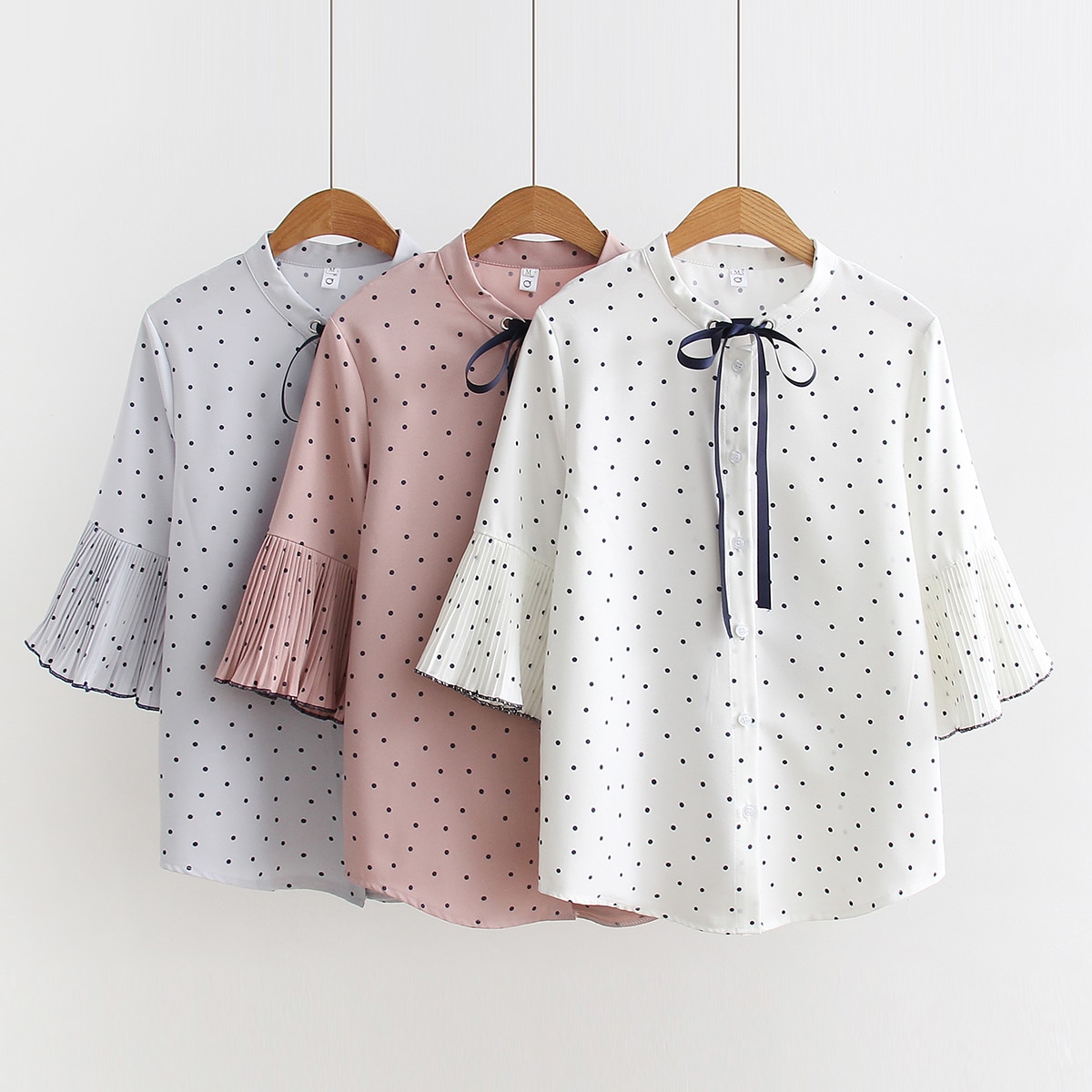 Summer Polka Dot Women's Blouse Short Flare Sleeve Tops Lacing Round Neck Button Down Shirts Casual Feminina Elegant Shirt