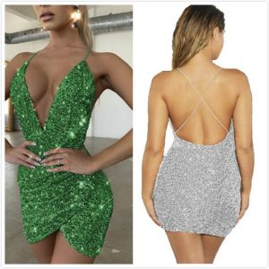 Summer Sequin Club Party Dress Women V Neck Sparkle Glitter Bodycon Dresses Spagjetti Strap Backless Sexy Vestidos