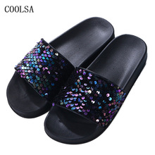 Summer Woman Bling Slippers Sequin Fip Flops Soft Flat Rhinestone Sandals Non-slip Home Slipper Women Slides Outdoor Beach Shoes