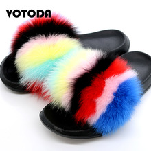 Summer Women Casual Fox Fur Slippers Fluffy Shoes  Female Furry Slides House Warm Non Slip Slipper Fashion Outdoor Beach Sandals