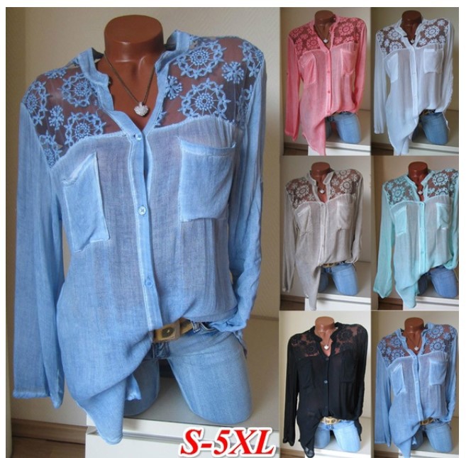 Summer large size women's shirt 2019 new long-sleeved lace shirt V-neck double pocket shirt