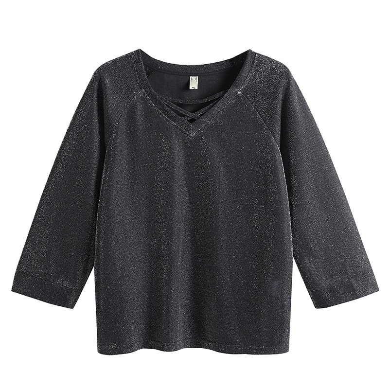 T-Shirt 2020 Spring Loose 3 / 4 Sleeve Sparkle Stretch Top