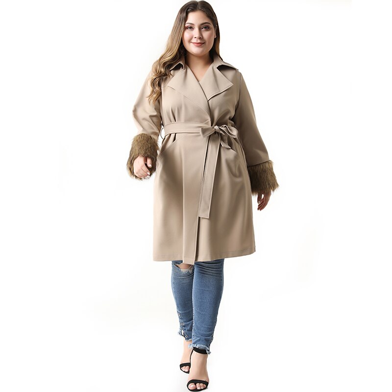TOLEEN 2020 Spring Fashion Women Plus Size Elegant Stitching Fur Cuff Sleeve Sashes Suit Coat