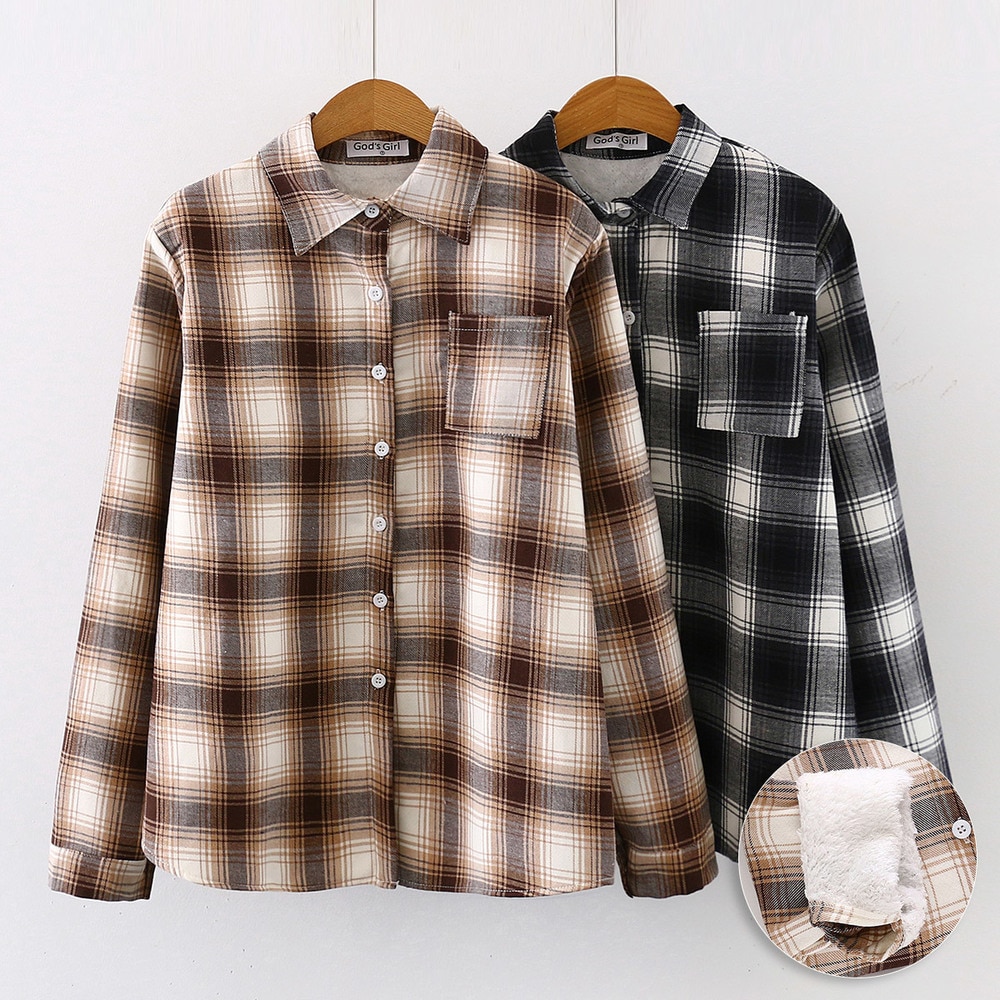 Thicken Women's blouse Plaid Tops Long Sleeve Casual Plaid Workwear Women shirt Femme Button Down Shirts velvet Long Sleeve Tops