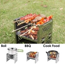 Timber Camping Stove Stainless Steel Stove with Windscreen Detachable Foldable Stove for BBQ Camping Cooking 19*15*18.5cm