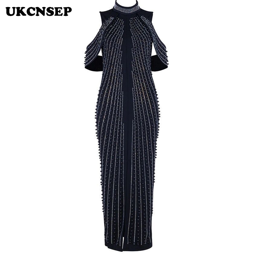 UKCNSEP 2019 Chic Woman Black White Sleeveless Beaded Dress Celebrity Evening Party dress Turtleneck Sexy Back Splitting Dresses