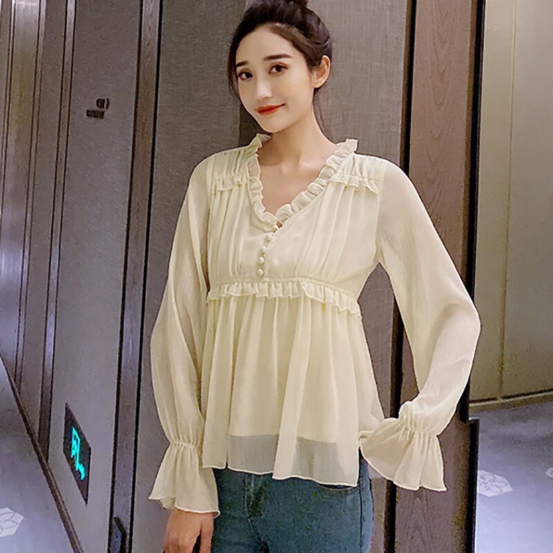 V-Neck Flare Sleeve 2020 Spring New Shirts Woman Button Chiffon Blouse Women Clothes Ruffles Casual Womens Tops Chemisier Femme