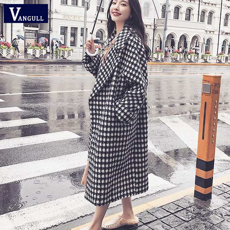 Vangull Plaid Wool Winter Coat Women Turn-down Collar Loose Thick Long coat 2019 New Warm Black White Plaid Feminine Outerwear