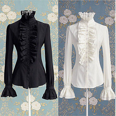 Victorian Women White Blouse OL Office Lady  White Black Shirt High Neck Frilly Ruffle Cuffs Shirt Blouse