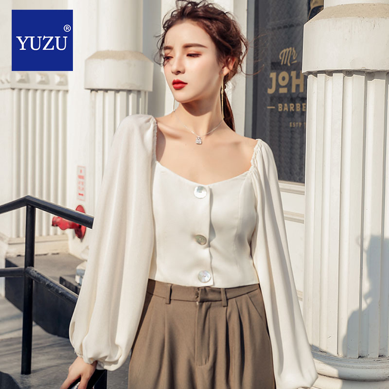 Vintage Black Shirt Elegant Women Long Sleeve Lantern Sleeve French Style Single-breasted Autumn Office Work Loose Blouse