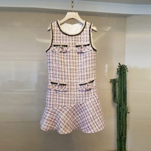 Vintage Plaid Tweed Dress Women Sleeveless Patchwork Mermaid Dress Korean Ruffles Mini Dress Party Pearl Pink Autumn 2020 A357