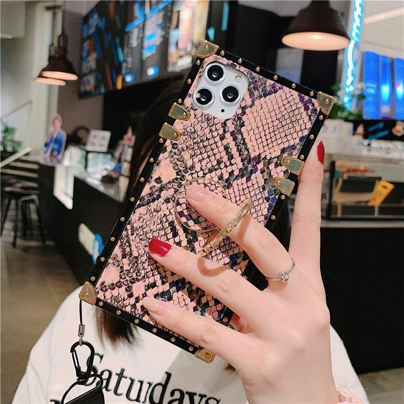 Vintage Snake Skin Case For iPhone 11Pro Max Luxury Brand Square Cover For iPhone 7 8 6Plus X XR XS Max With Finger Ring Holder