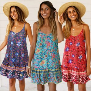 Vintage Women Short Sleeve Wrap Boho Floral Mini Dress Ladies Summer Sundress Holiday V neck Short Sleeve Print Dress