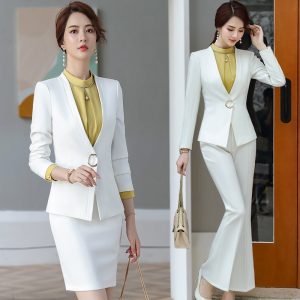 White Black Female formal Women's Costumes Suits Classic Office Lady Business Pantsuit Blazer Trouser Suit Set Workwear Uniform