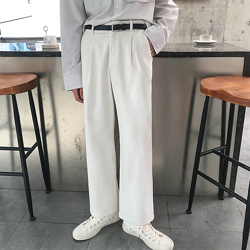 White Corduroy Pants Men's Fashion Cotton Straight Casual Pants Streetwear Wild Loose Hip Hop Trousers Mens Business Dress Pants