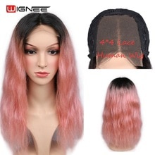 Wignee 4*4 Lace Closure Human Hair Wigs For Black/White Women Ombre Rose Gold Pink Color Natural Wave Remy Brazilian Curly Wigs