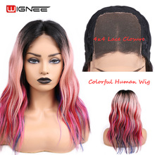 Wignee 4x4 Lace Closure Colorful Human Hair Wigs For Women Middle Part Red/Pink/Purple Rainbow Cosplay Brazilian Remy Human Wigs