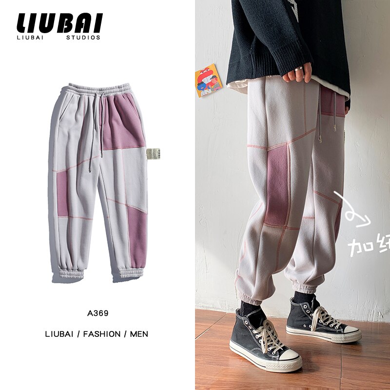 Winter Plus Velvet Thick Sweatpants Men's Fashion Hit Color Casual Joggers Pants Men Streetwear Hip Hop Loose Trousers Mens