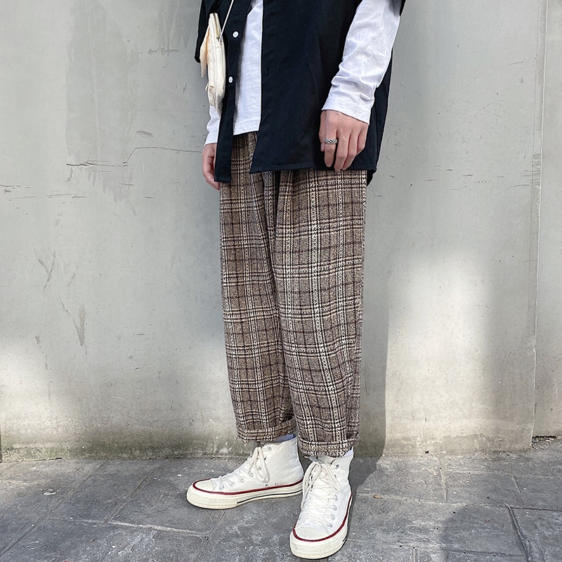 Winter Thicken Woolen Pants Men's Fashion Casual Retro Plaid Pants Men Streetwear Wild Loose Straight Trousers Mens M-5XL