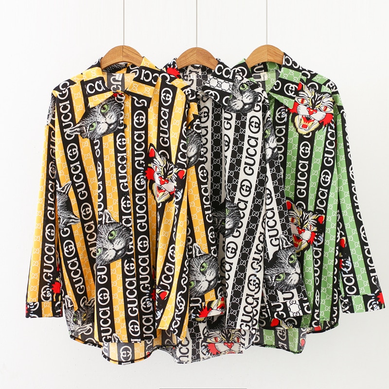 Wishehappy Women Loose Blouses Turn-down Collar Cat Print Desgin Button Down Shirts Women's Shirt Office Ladies Tops Long Sleeve