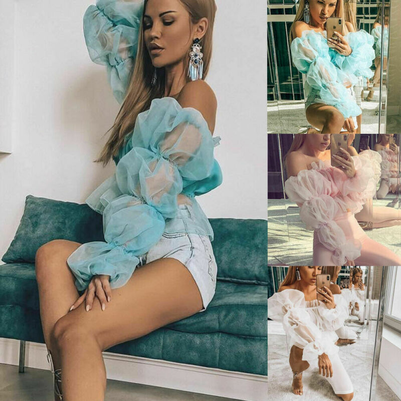 Women 2019 Sexy Off Shoulder Ruffles Mesh Sheer Crop Shirt Short Blouse Tops Multicolor Organza Princess Sleeve Top