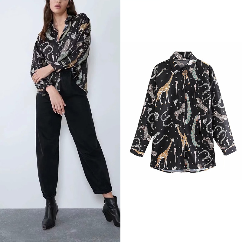 Women 2019 Za Shirt casual carton animal print turn-down collor blusas mujer de moda womens tops and blouses