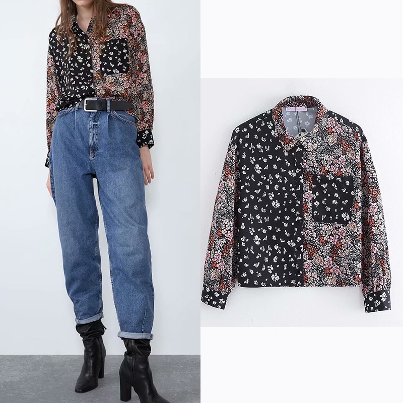 Women 2019 za chiffon blouse floral print patchwork shirt long sleeve pocket vintage blusas mujer de moda