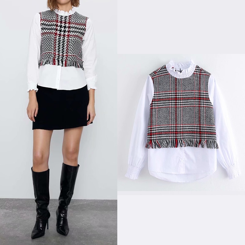 Women 2019 za shirt plaid print patchwork elegant ruffled blouse long sleeve tassel womens tops and blouses