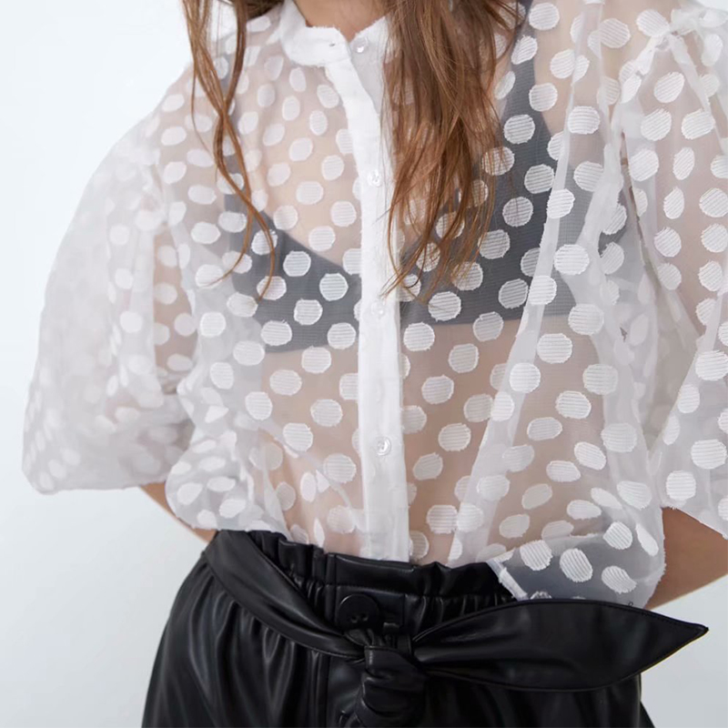 Women 2019 za shirt transparent dot print sexy blouse puff sleeve mesh blusas mujer de moda