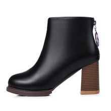 Women Ankle Boots Winter Velvet Zipper Black Booties Female Thick Warm High Heels Ladies Antiskid PU Leather Martin Boots Woman