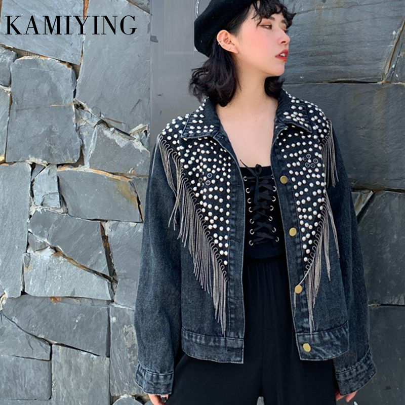 Women Autumn Hand-studded Rivet Tassel Chain Short Jeans Coat Women's Fashion Streetwear Denim Jacket 2020 Clothing Tide