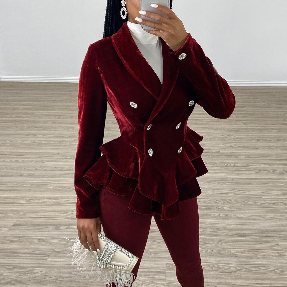 Women Autumn Velvet Coat Retro Sexy Deep V-neck Ruffled Hem Long Sleeve Outerwear Elegant Ladies Double Breasted Slim Jacket D25