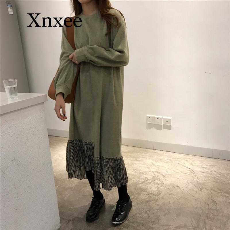Women Autumn thin woolen Straight Long Dress ladies green Ruffle hem Fake Two Piece dresses round collar long sleeve pullovers