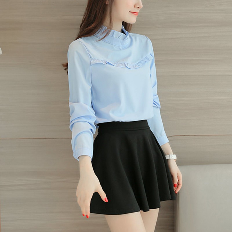 Women Blouse White Shirt Top Femme Casual Stand OL Work Solid Blouses 2 Styles