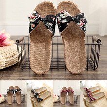Women Bowknot Flax Linen Flip Flops Female Beach Bohemia flowers slippers Shoes Sandals Slippers girl Summer indoor sandals A4